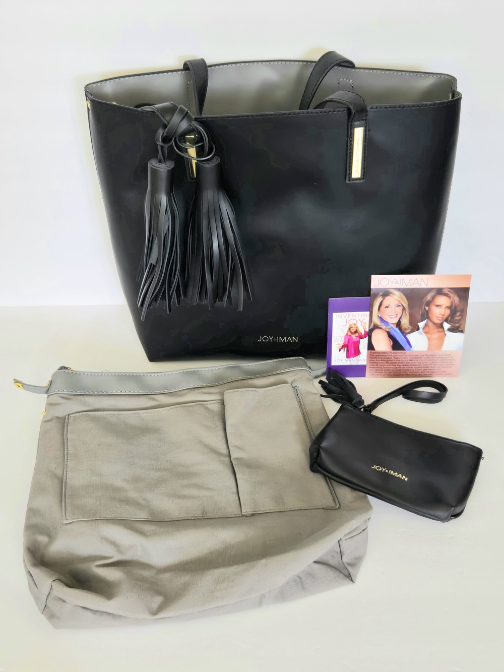 NWT Joy & Iman Genuine Leather Tassel Chic Large Tote 3-Pc Set - Black/Gray/Gold